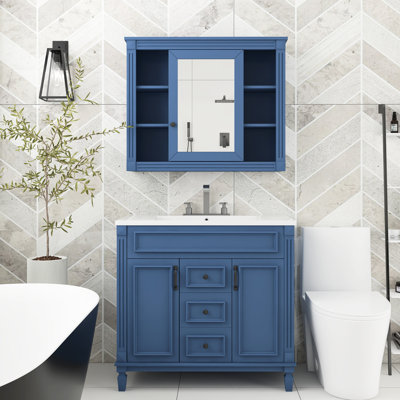 Meuble-lavabo sur pied simple 35,9 po avec plateau en résine et miroir Evoleht