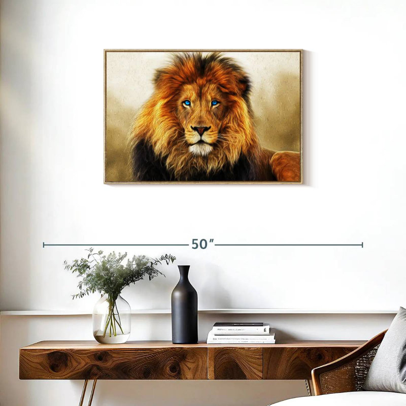 Lion aux yeux bleus, Cadre flottant en bois naturel, 31 po x 21 po