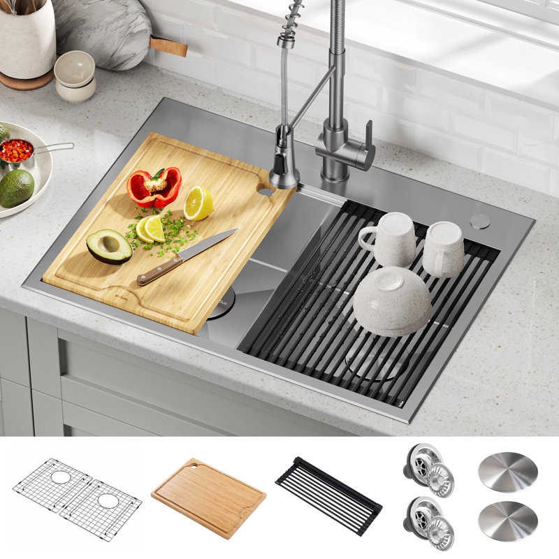 KRAUS Kore™ 30" L Drop-In Workstation 16 Gauge Stainless Steel Double Bowl Kitchen Sink with Accessories
