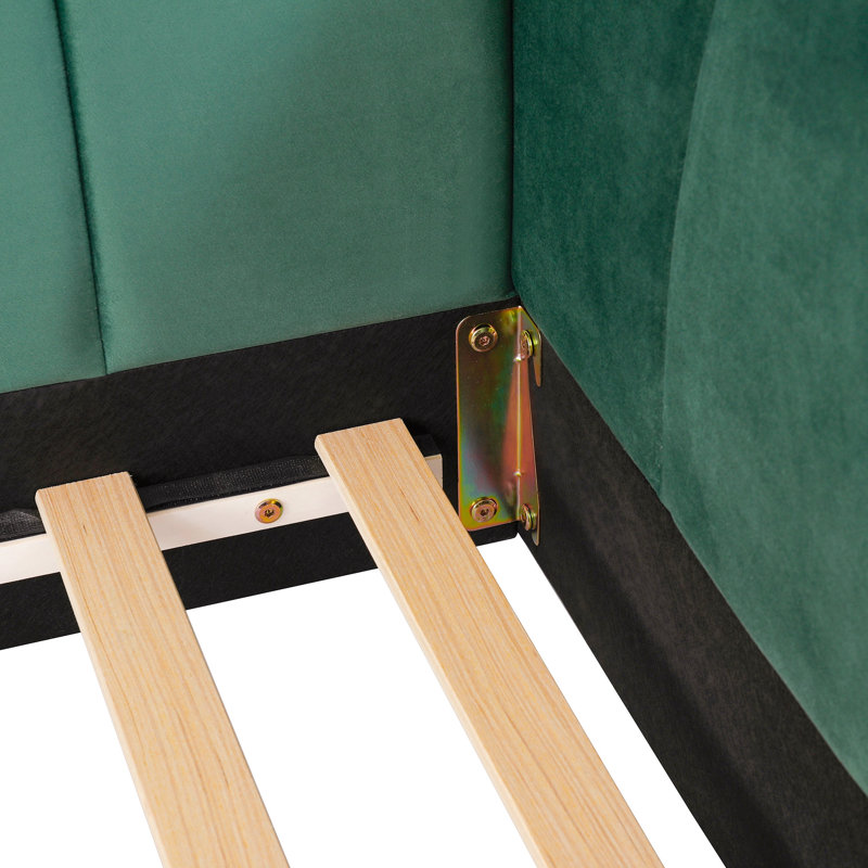 Lit double tapissier en velours vert citrouille, Vert