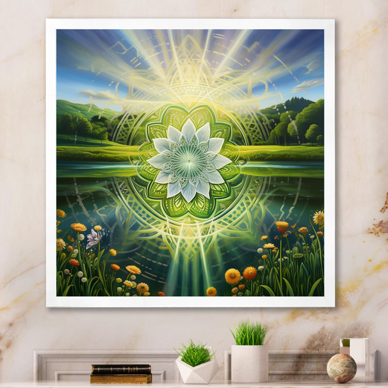 Mandala lumineux brillant dans un paysage de paradis I - impression, Cadre simple blanc, H 16 po x l 16 po x P 1 po
