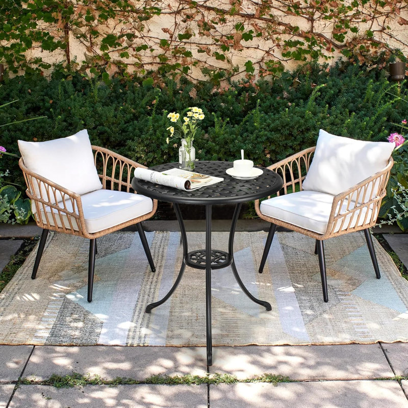 23.6" Round Patio Bistro Table, Cast Aluminum, Umbrella Hole, Outdoor Porch Garden, Black, Black