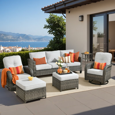 All - Weather Wicker Outdoor Furniture SetComfortable 6 - Piece Patio Seating Group with Rotating Chairs, Sofa & ottoman