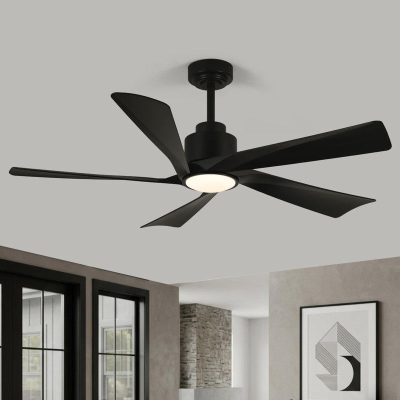 Karlena 52'' Modern Large Ceiling Fan With Led Lights And Remote Control, App, Timer, Memory, Black with Midnight Blade