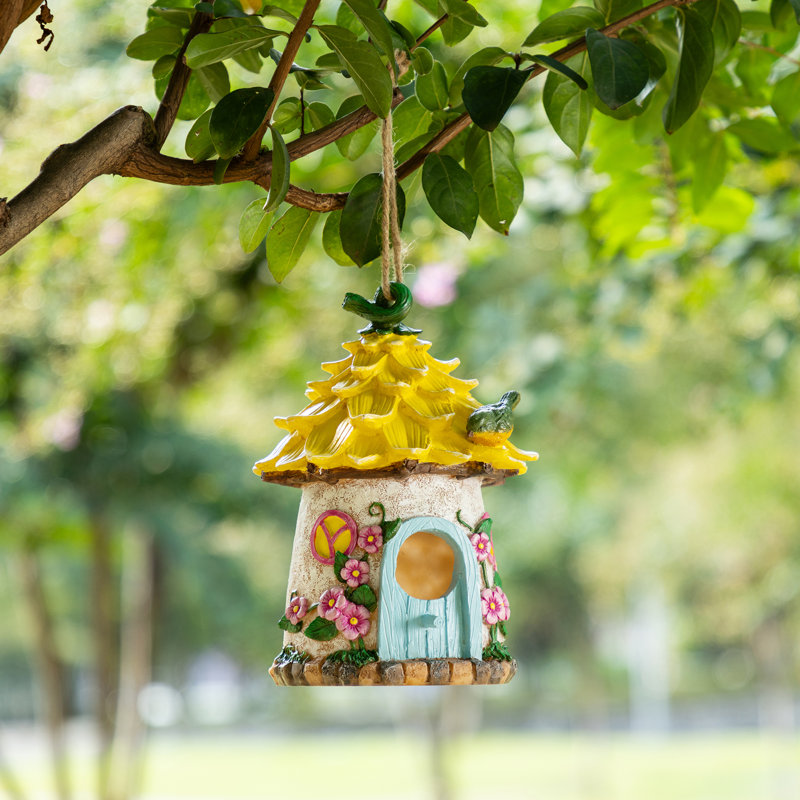 9"H Garden Resin Birdhouse with Roof,Yellow, Yellow