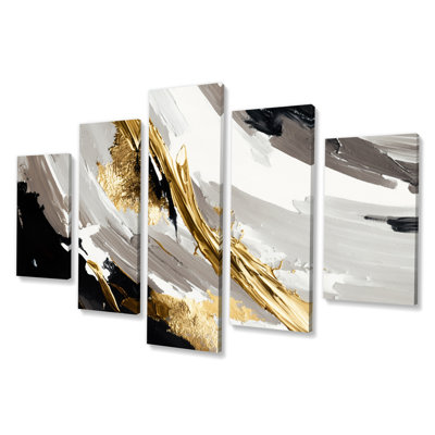 «Waves Of Midnight Passion Abstract Black Gold II», reproduction sur toile abstraite - 5 panneaux