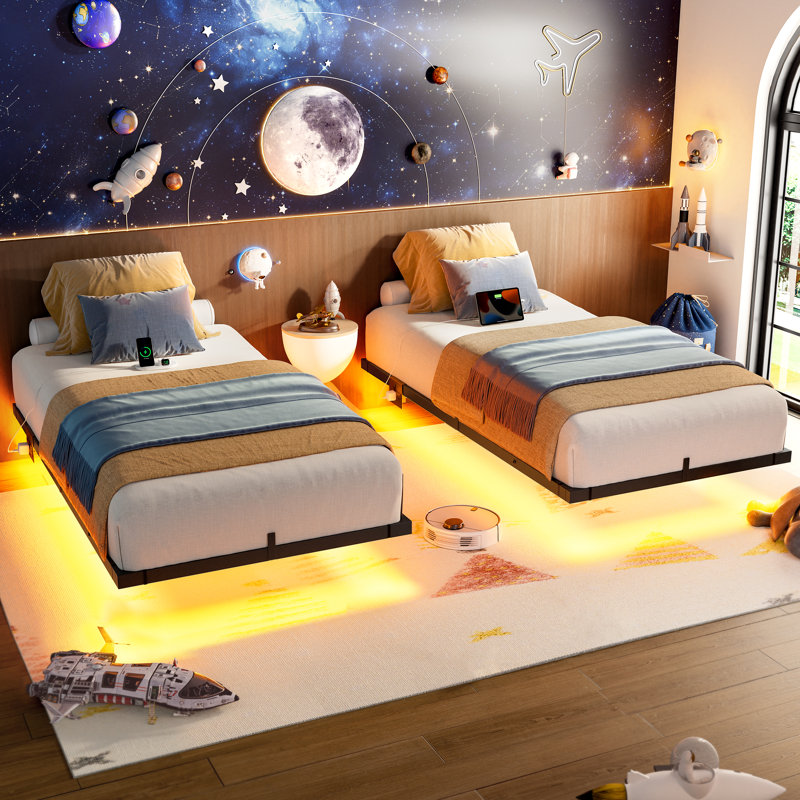Zoller Floating Bed with LED & Charging Station, Modern Metal Platform Bed, No Box Spring Needed, Twin
