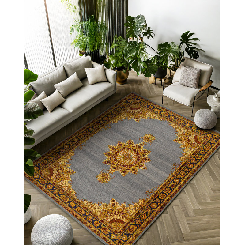 Girvin Yellow Gray Oriental Machine Printed Cotton Polyester Area Rug, Rectangle 5'3" x 9'11"