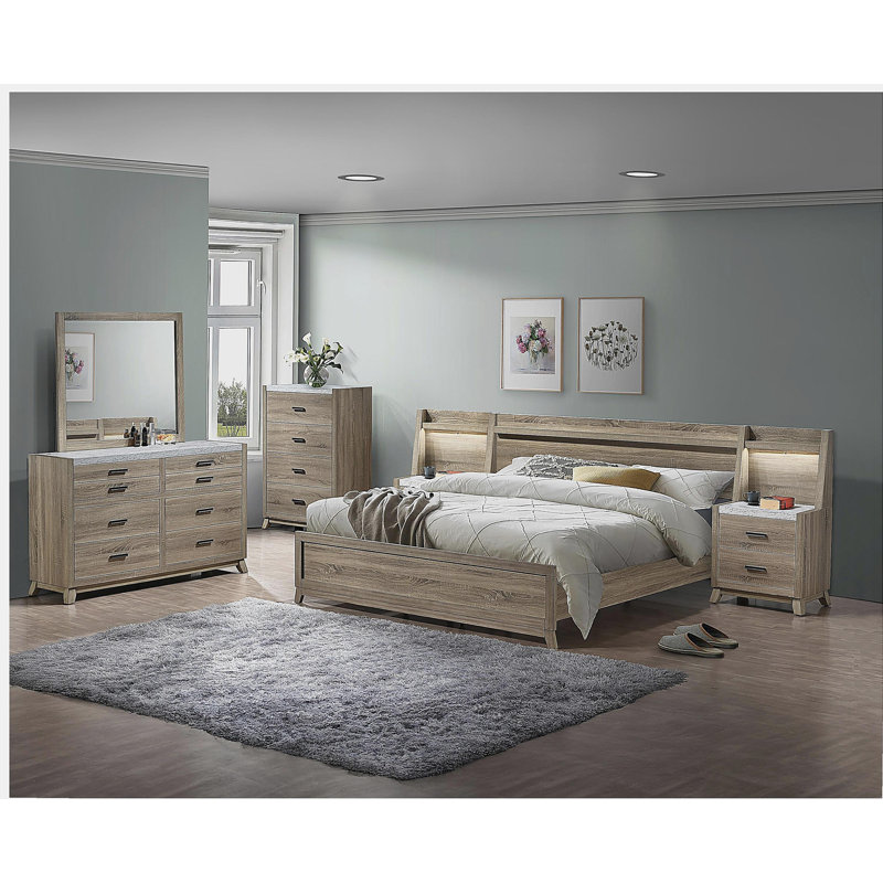 1pièce table de chevet contemporaine transitionnelle à panneau mural brun naturel avec dessus en pierre et armoire lumineuse latérale à DEL