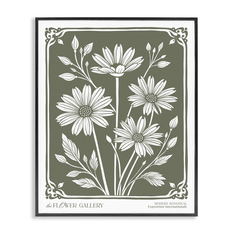 Estampe numérique encadrée Minimal Daisies on Green, Giclée encadrée noir minuit, H 14 po x l 11 po