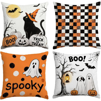 Citrus Set Of 4 Halloween Ghost Pillow Covers – 18" X 18" Orange & Black In Orange;black
