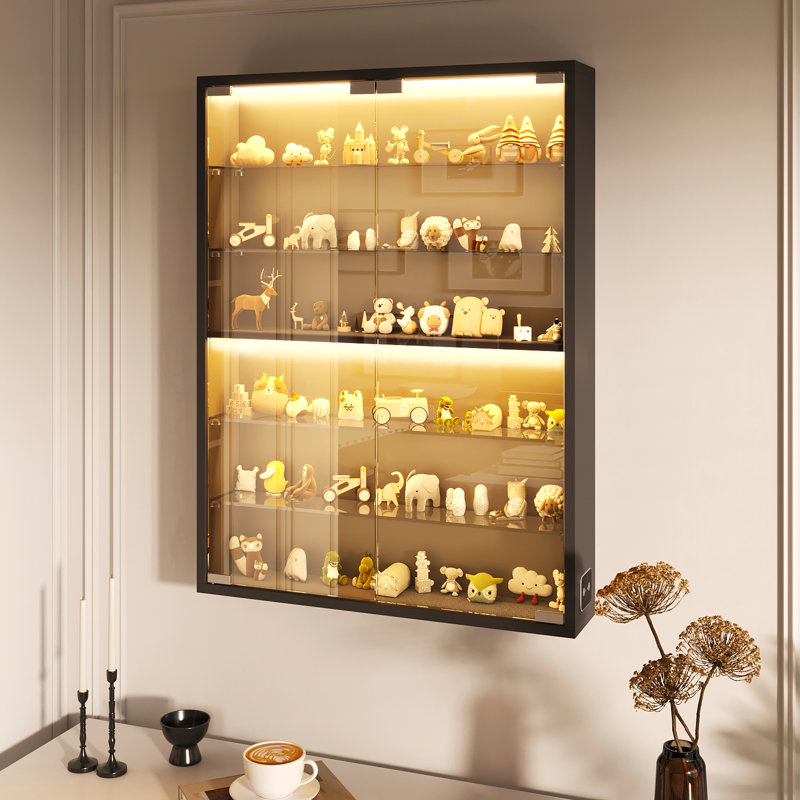 6-tier Wall Display Case With Glass Doors, Led Display Cabinet With Adjustable Glass Shelves, Display Case For Collectibles, Black