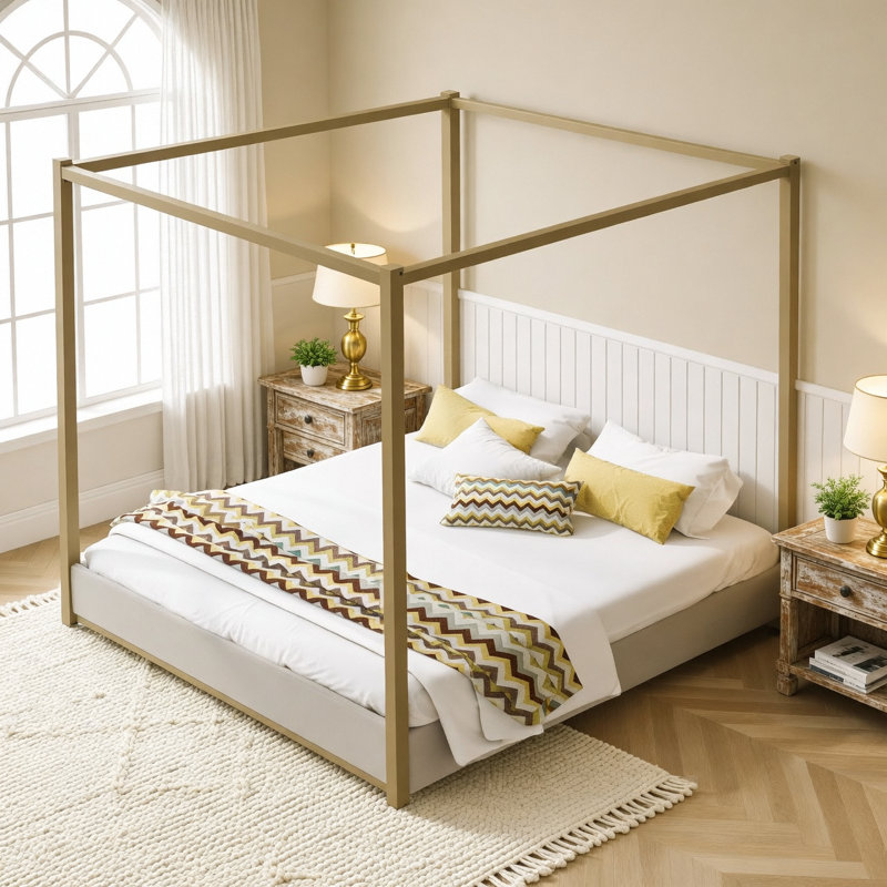 Wyndham Upholstered Canopy Bed, Beige, Queen