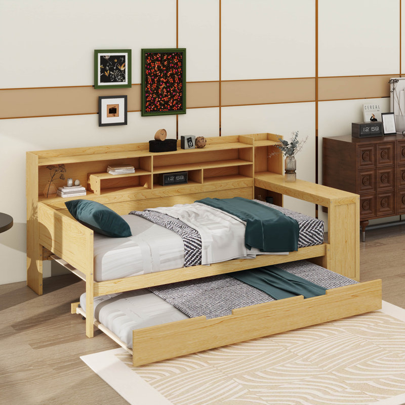 Lit de jour flexible en bois avec tablettes de rangement gigogne et bureau d'étude intégré, Lit simple, Naturel