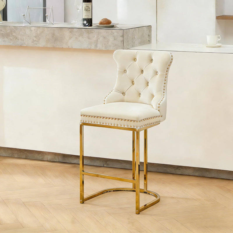 26" Modern Counter Height Barstools with Tufted and Nailhead Trim, Ivory Seat/ Gold Frame