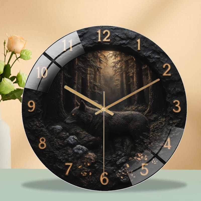 Horloge avec loup en forêt - horloge murale moderne en verre 12 po