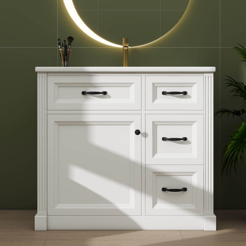Ensemble de meuble-lavabo 36 po avec lavabo intégré, lavabo simple avec 4 tiroirs, porte à fermeture en douceur et tablette personnalisable, lavabo en céramique inclus