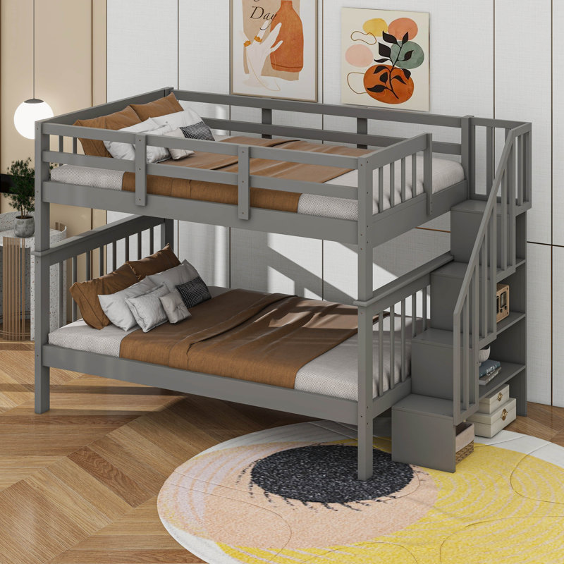 Lit superposé double en bois avec rangement, gris
