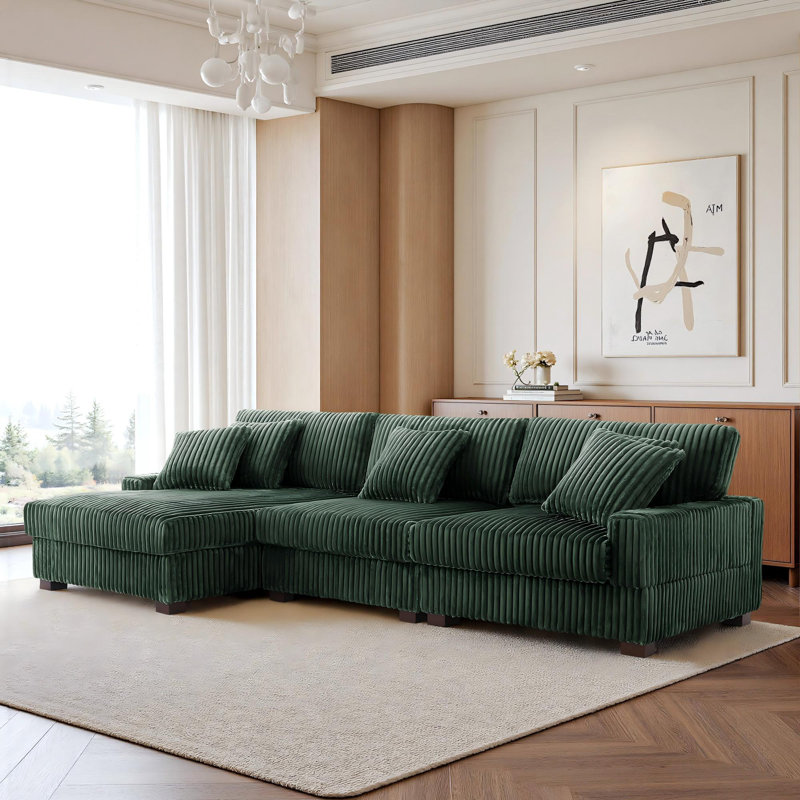 3 Seater Sectional, Green Polyester/Foam Padding