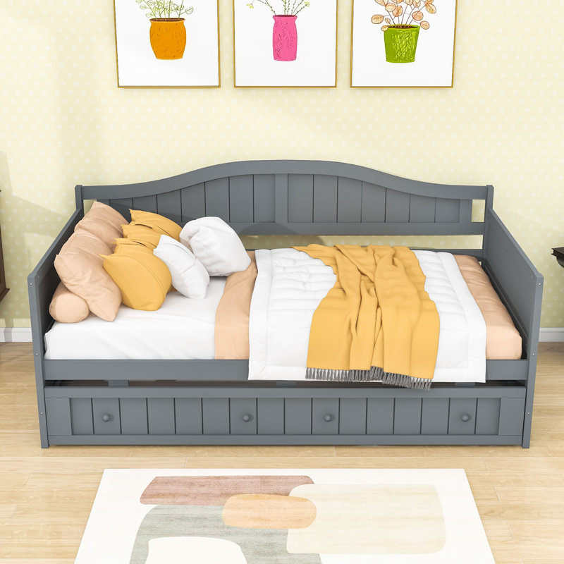 Elegant Twin Wood Daybed with Twin Trundle, Gray