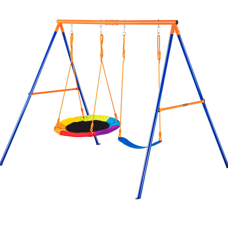Balançoire pour cour arrière avec 1 siège pour soucoupe, capacité de poids élevée, stabilité triangulaire robuste avec support en métal et cordes réglables