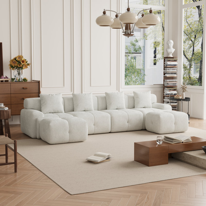 Canapé modulaire rembourré et rembourré en forme de U 6 pièces avec deux repose-pieds Boneless, Tissu ivoire