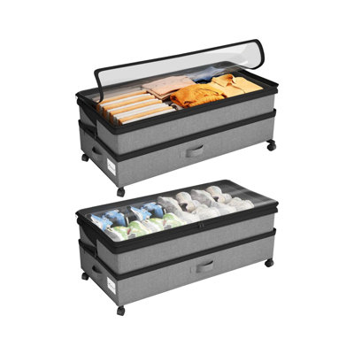 2 Pack Under Bed Storage with Wheels, Height Adjustable Underbed Storage Containers with Clear Window and Label, Gray Rolling Organizer for Clothes Shoes