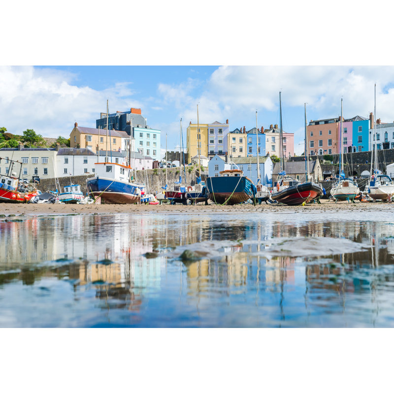 Boats In The Bay At Low Tide With Town View In Tenby Bay, Wales by Tamas Gabor - Wrapped Canvas Print, 81cm H x 122cm W