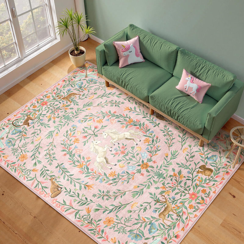 Goldene Machine Washable Animal Floral Pink Kid Rugs For Playroom Bedroom Living Room Non Slip Soft Low Pile Unicorn Vintage Carpet