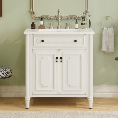 30 Inches Vintage Bathroom Vanity With Sink, Faux Aged Finish, Rustic Bathroom Cabinet With Soft Close Doors And Adjustable Shelf, Curved Profile Design, Rubber Wood Legs, White