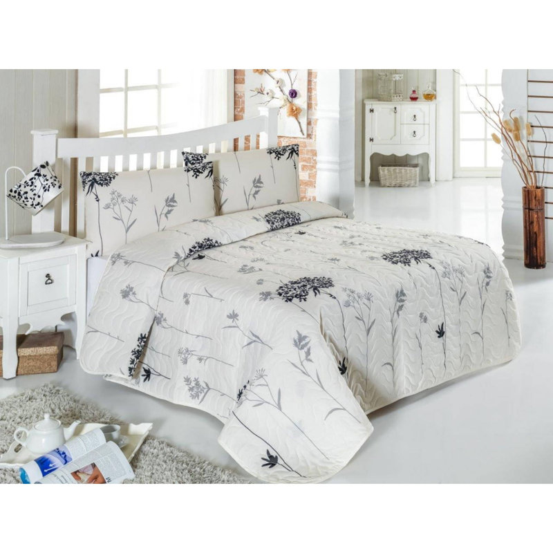 Ensemble de couvre-lit double matelassé, gris / beige / noir | Housse 65% coton / 35% polyester, rembourrage 100% fibres | Comprend 2 taies d'oreiller (20 x 28) | Lavable à la machine, 120 fils au pouce carré, literie élégante et confortable pour tou