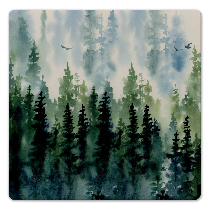 Millwood Pines Foggy Tree Line Decorative Cork Backed Stone Trivet 8" Square