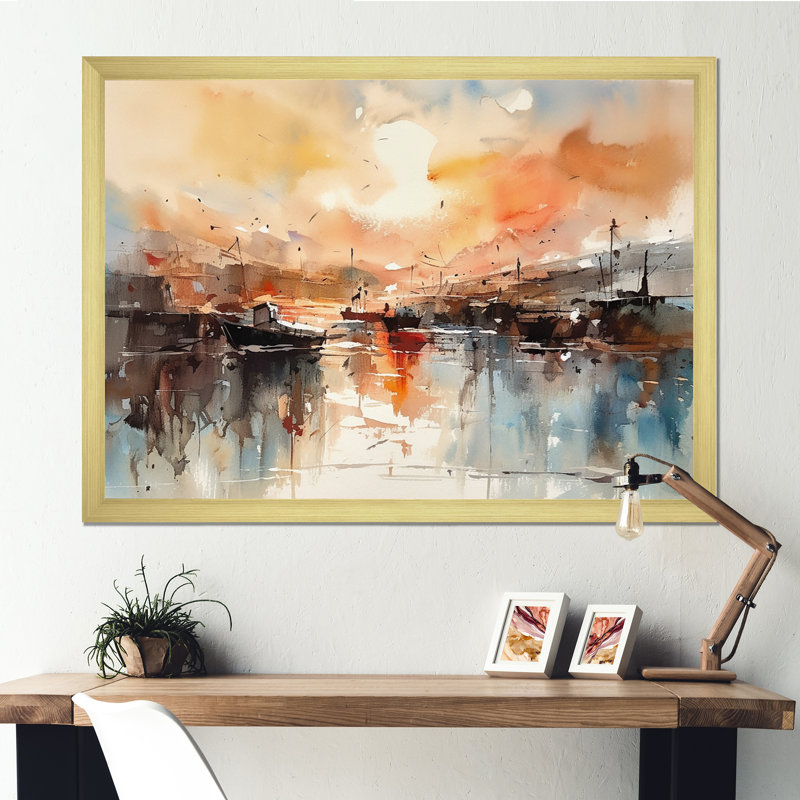 «Orange and Brown Harbor Reflections», reproduction sur toile encadrée, H 16 po x l 32 po x P 1 po, Or