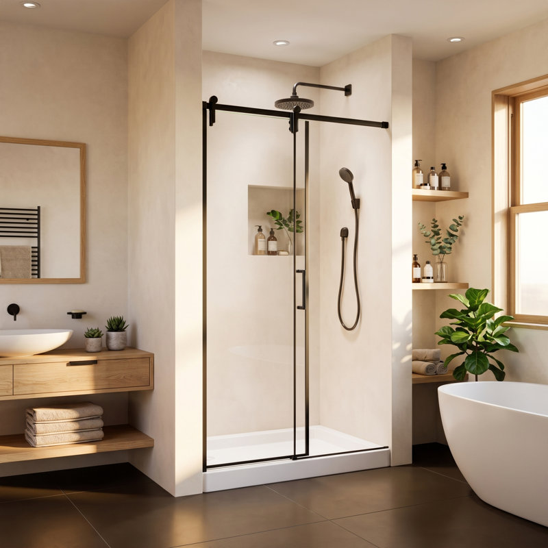 Porte de douche semi-sans cadre l 44 à 48 po x H 76 po, verre trempé clair de 1/4 po