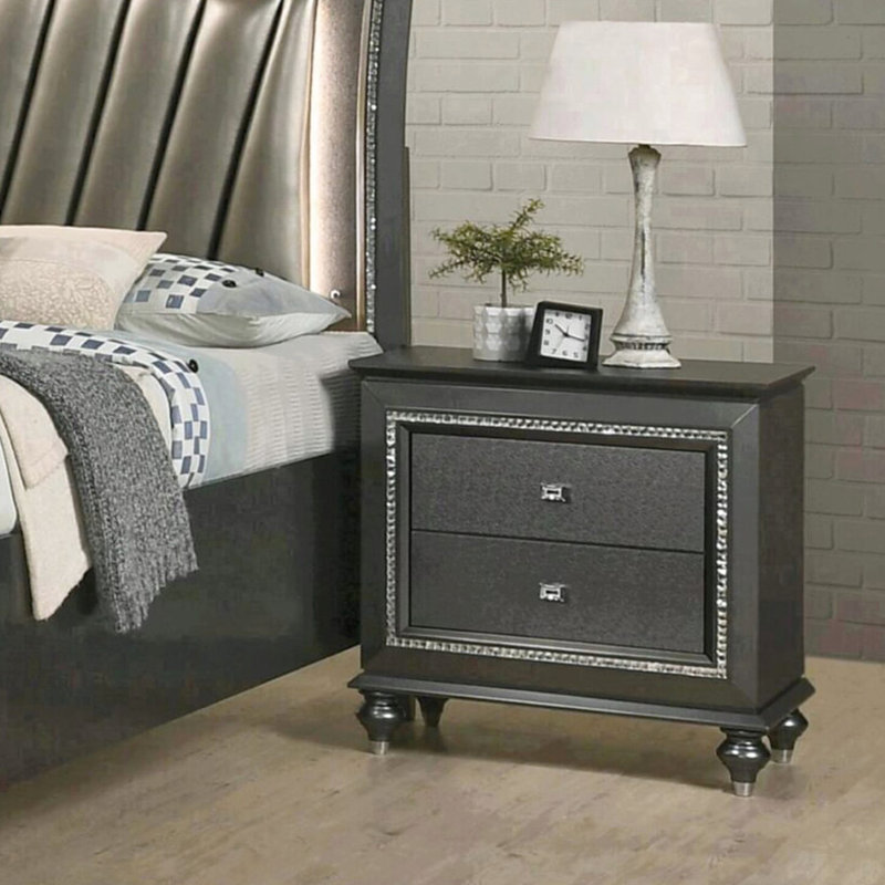 Table de chevet 2 gris métallique - Bois d'hévéa massif embellit la finition de l'espace de la chambre à coucher 2 tiroirs
