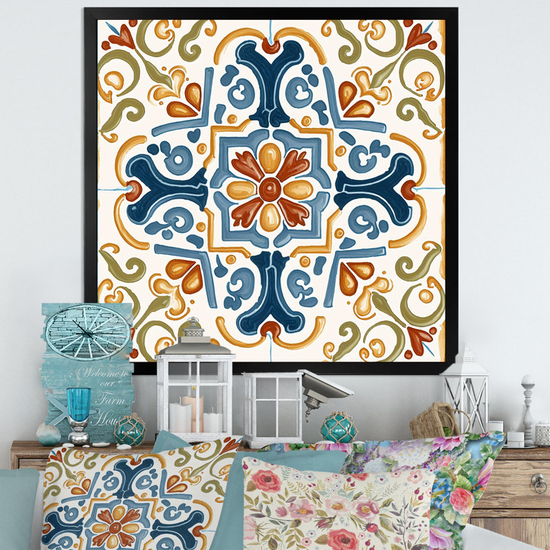 Carreaux de la Méditerranée en bleu rétro II - reproduction sur toile, Impression noire sur toile encadrée, L 16 po x H 16 po