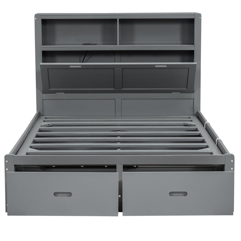 Grand lit plateforme avec rangement hydraulique, tête de lit à DEL et 2 tiroirs de chargement, compartiment en bois gris, tête de lit, possibilité