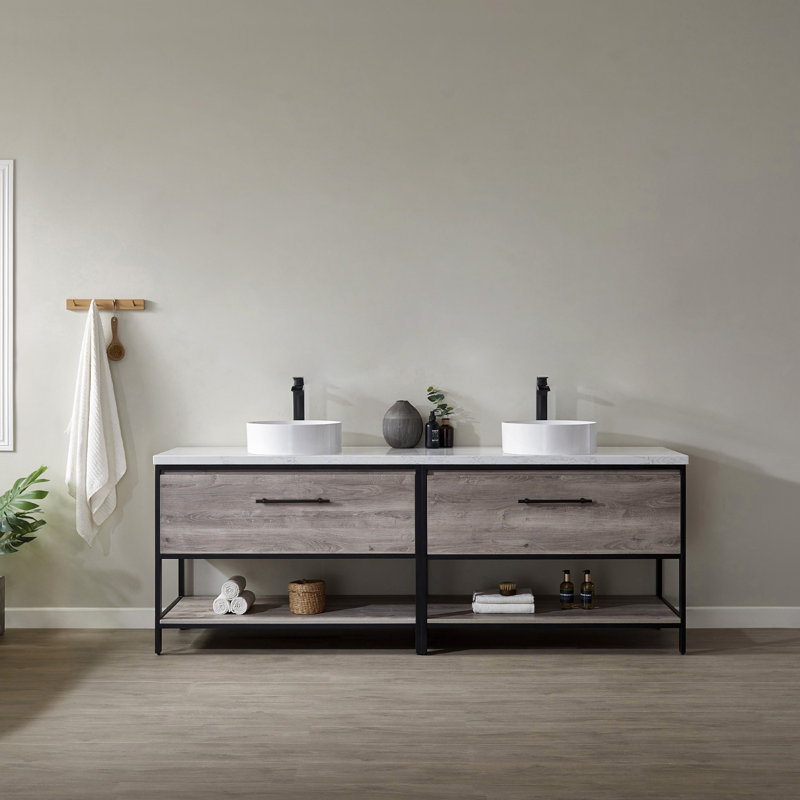 Ensemble de meuble-lavabo double 84 po Murcia, Marbre blanc, Chêne mexicain / noir