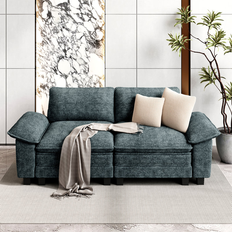 Canapé de salon surdimensionné de 88 po à assise profonde, canapé en chenille avec coussins décoratifs, 2, Chenille ivoire