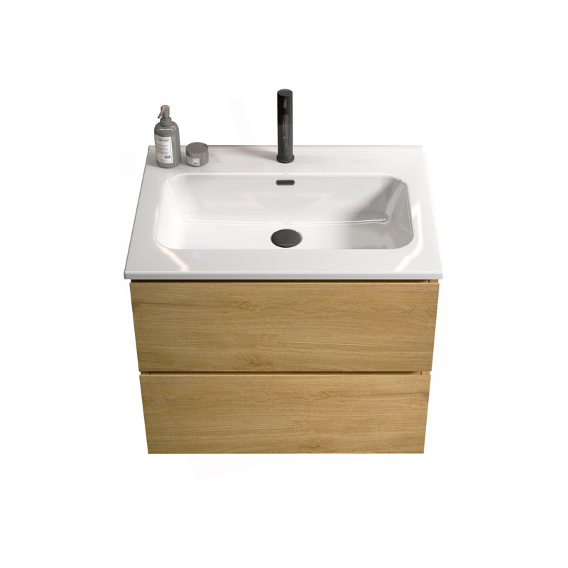 Meuble-lavabo mural avec lavabo en céramique et tiroirs à fermeture en douceur, offrant beaucoup de rangement et un design élégant.