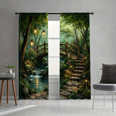 2 Pieces Serene Forest Bridge Stream Lanterns Pattern Light Filtering Curtains, Enchanting Nature Scene, Garden Path Decor, Easy Hang Rod Pocket Design, All-Season for Home Living Room, Bedroom and Study Room Decoration