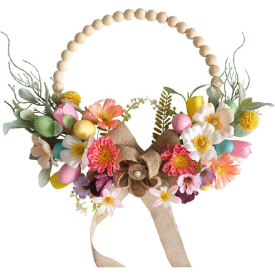 Couronne de Pâques artificielle en perles de bois pour porte d'entrée printemps / couronne d'été avec fleurs en soie colorées œufs arc de lin pour la maison fenêtre d'intérieur mur extérieur