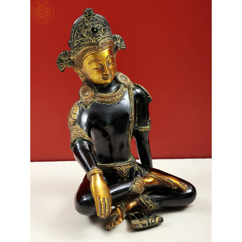 9" Brass Lord Indra Statue – Exotic Green Gold Handcrafted Nepalese Buddhist Deity Figurine for Spiritual Home and Temple Décor