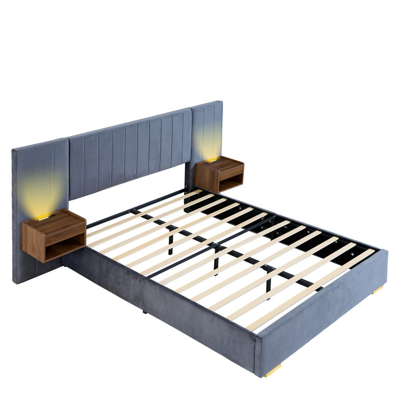 Structure de lit tapissier de tête de lit capitonnée en velours avec table de chevet flottante à DEL / USB intégrée, Gris