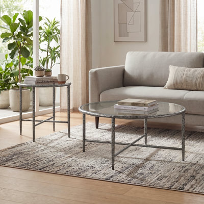 Lalia 2-Piece Modern Hammered Metal X-Brace Round Coffee Table Set