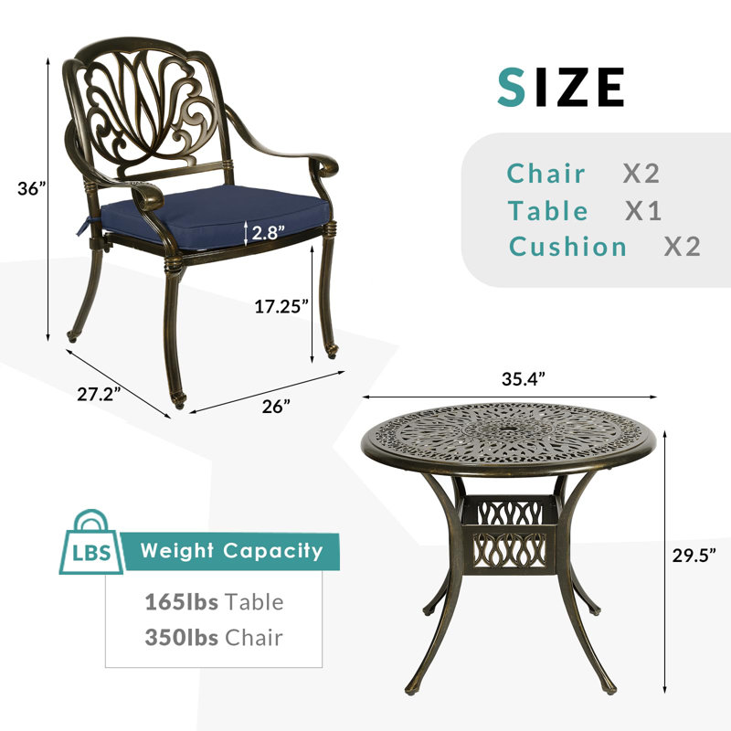 Ensemble bistro rond avec coussins 35,4 po, Bleu marine