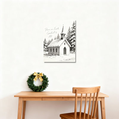 «Snowy Church Scene With Peace On Earth Goodwill To All Quote», reproduction d'art sur toile tendue sur toile, ensemble de 1