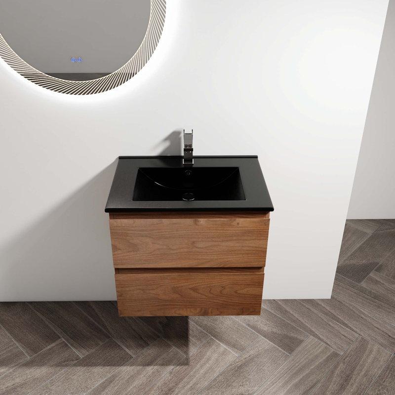 Ensemble de meuble-lavabo simple 24 po avec plateau en bois manufacturé Polloro, Noir, Chêne brun