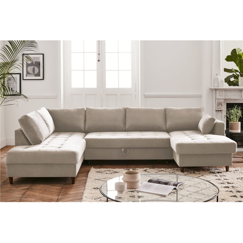 7 Seater Velvet Sofa Bed, Beige, Left Hand Facing