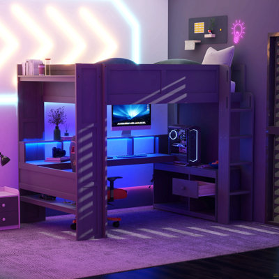 Lit mezzanine double en bois avec bureau